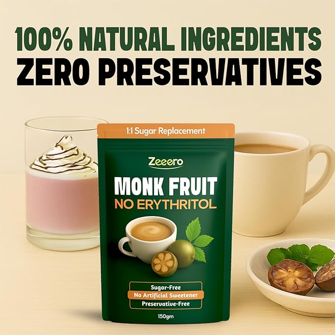Monk Fruit Sweetener without Erythritol - Monk Fruit Extract with Allulose -Monk Fruit powder - No Added Preservatives, No Artificial sweeteners -Zeeero - 150gm
