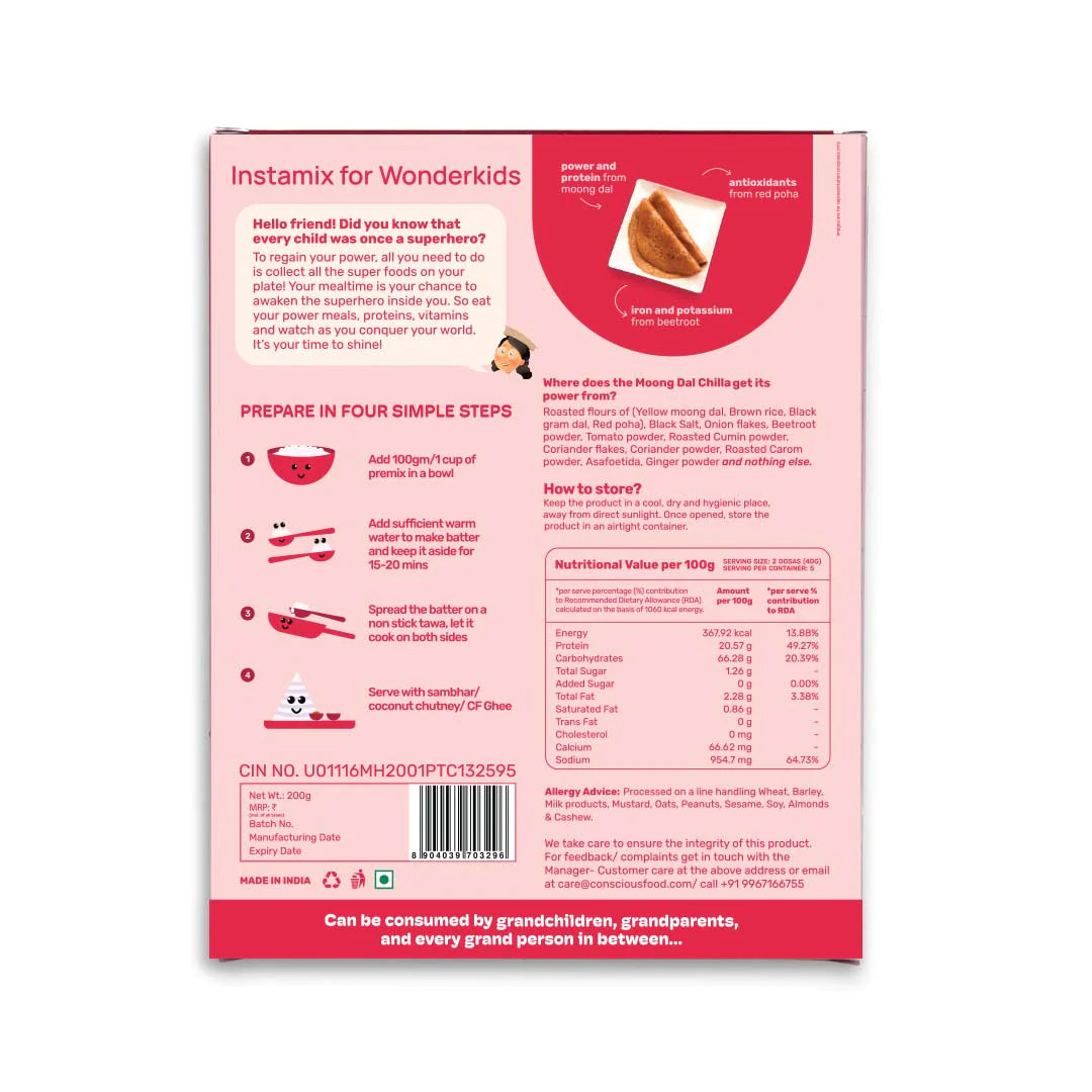 Moong Dal Chilla | (With Tomatoes & Onion) - Age 2 + - Natural - Preservatives Free & High In Fibre - Conscious Food - 200gm