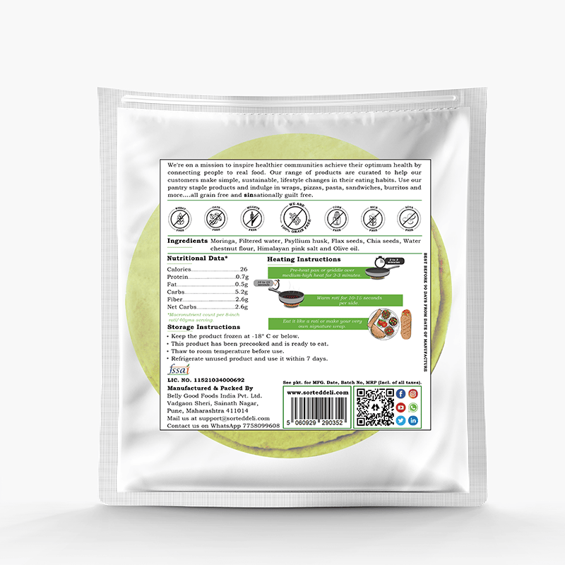 Tortilla | Moringa Roti – Wrap – 26Kcal – Vegan, Gluten Free, No Maida, Keto Friendly, Diabetic Friendly & No Additives – Get Sorted – Pack Of 5