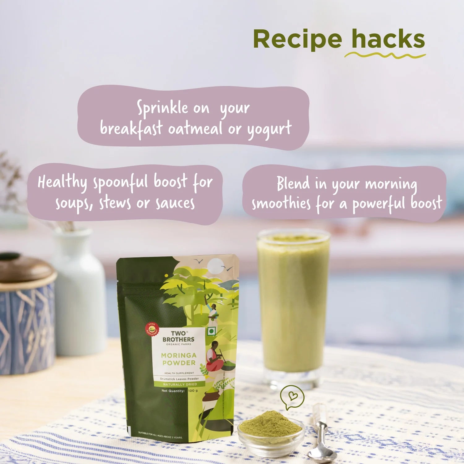 Moringa Powder | Drumstick Leaves Powder - Lab Tested - Naturally Dried - High In Vitamin C, Chemical Free & No Added Preservatives - Two Brothers - 100gm