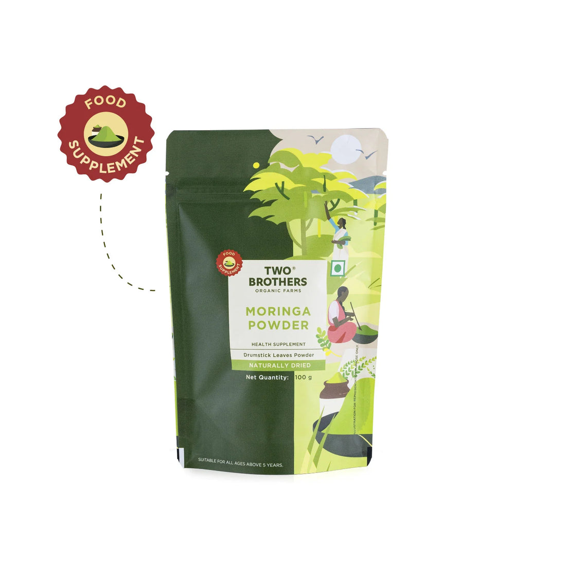 Moringa Powder | Drumstick Leaves Powder - Lab Tested - Naturally Dried - High In Vitamin C, Chemical Free & No Added Preservatives - Two Brothers - 100gm