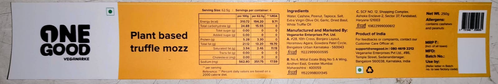 Mozzarella Cheese | Truffle - Plant Based - Vegan, Gluten Free, Soy Free, Dairy Free, Trans Fat Free & No Added Sugar - One Good Veganarke - 250gm