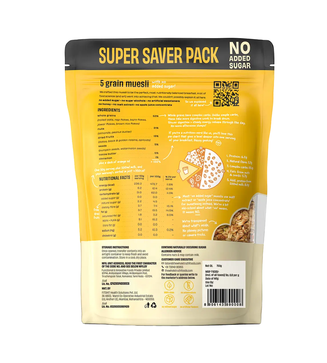 Muesli | (5 Grain Muesli) - Gluten Free, Sugar Free, No Added Sugar, No Soy, No Added Colour, No Preservatives & No Artificial Sweetener - The Whole Truth - 350gm