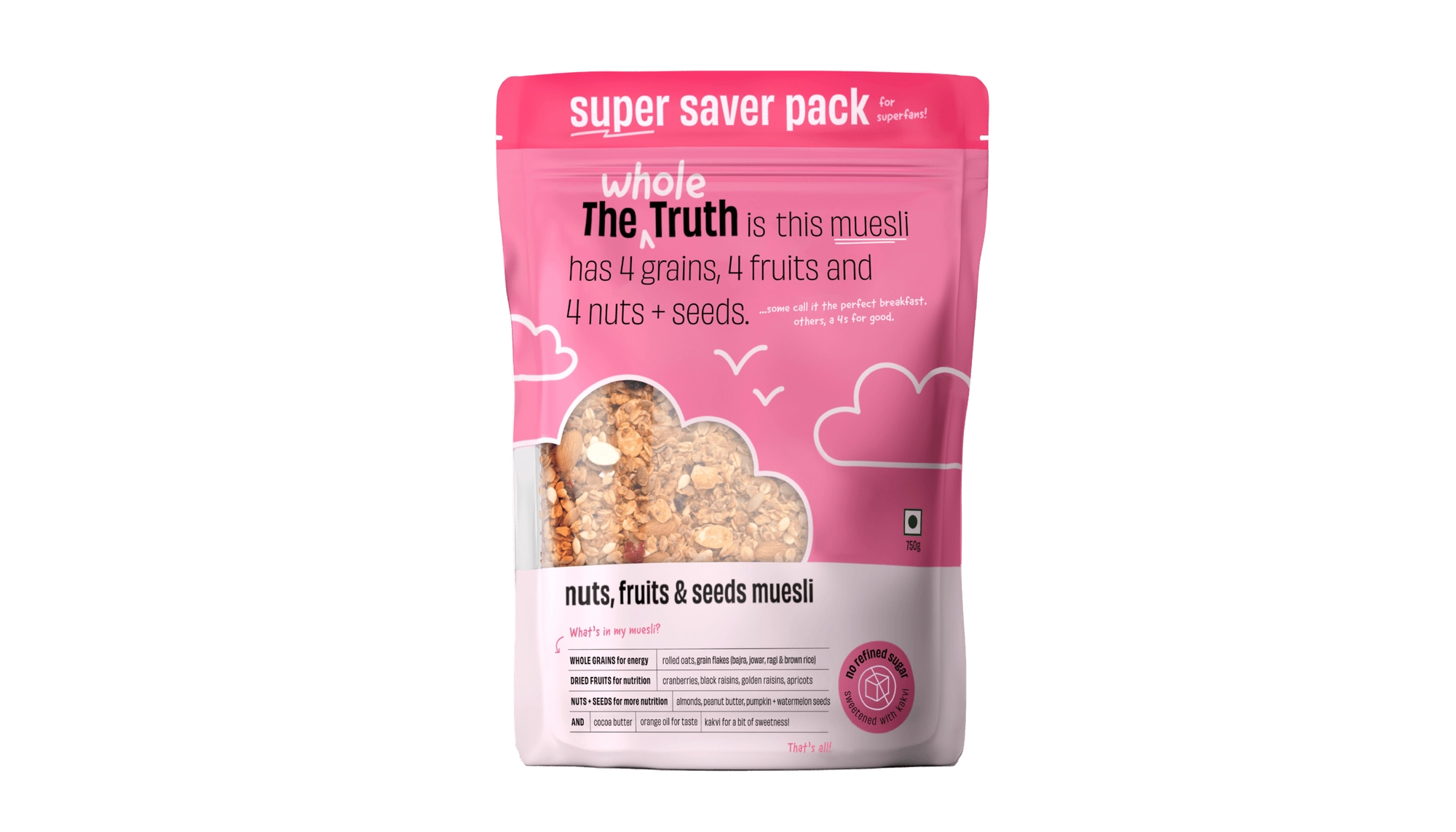 Muesli | (Nuts, Fruits & Seeds) – Gluten Free, No Soy, No Added Colour, No Preservatives & No Artificial Sweetener – The Whole Truth – 750gm