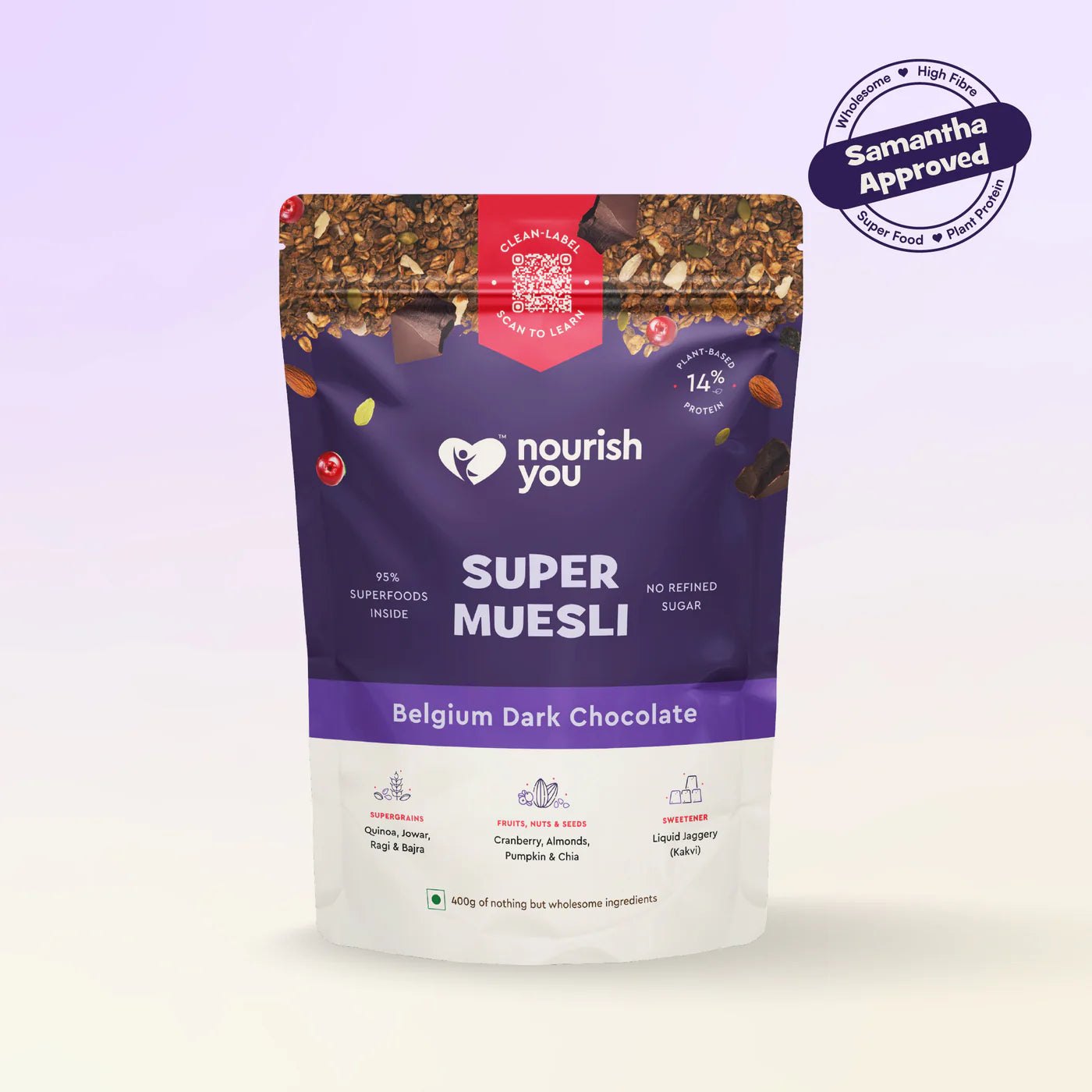 Muesli | Super muesli (Belgium Dark Chocolate) –14g Plant Based Protein - Supports Bone Health – Vegan - No Added Preservatives & No Refined Sugar – Nourish You– 400gm