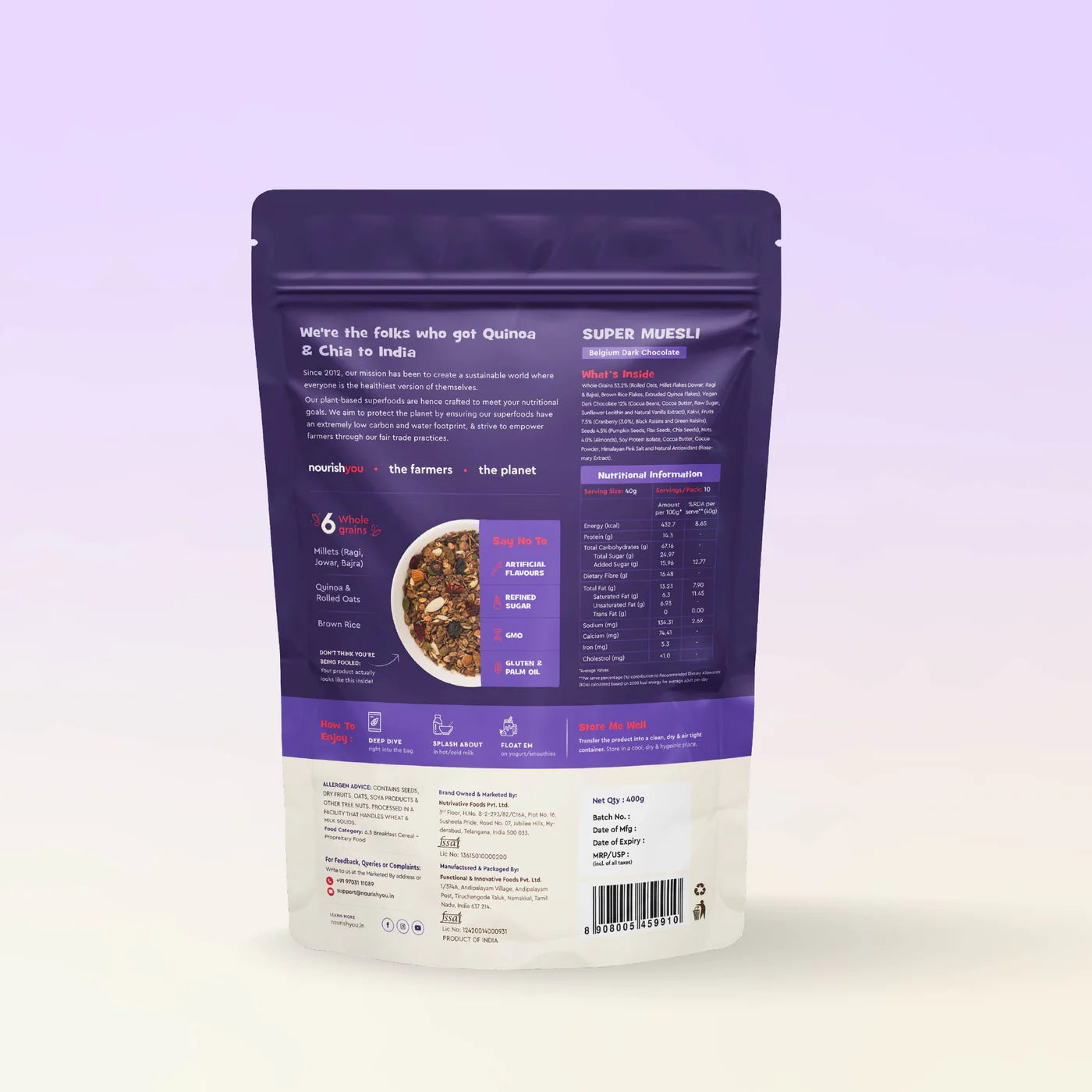 Muesli | Super muesli (Belgium Dark Chocolate) –14g Plant Based Protein - Supports Bone Health – Vegan - No Added Preservatives & No Refined Sugar – Nourish You– 400gm