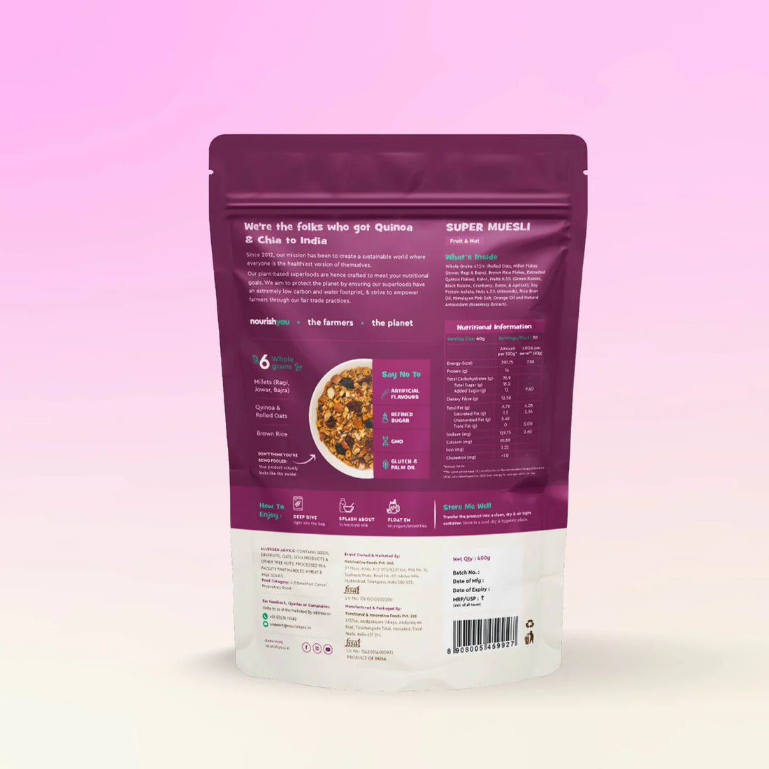 Muesli | Super muesli (Fruit & Nut ) – 14g Plant Based Protein - Supports Bone Health – Vegan - No Added Preservatives & No Refined Sugar – Nourish You– 400gm
