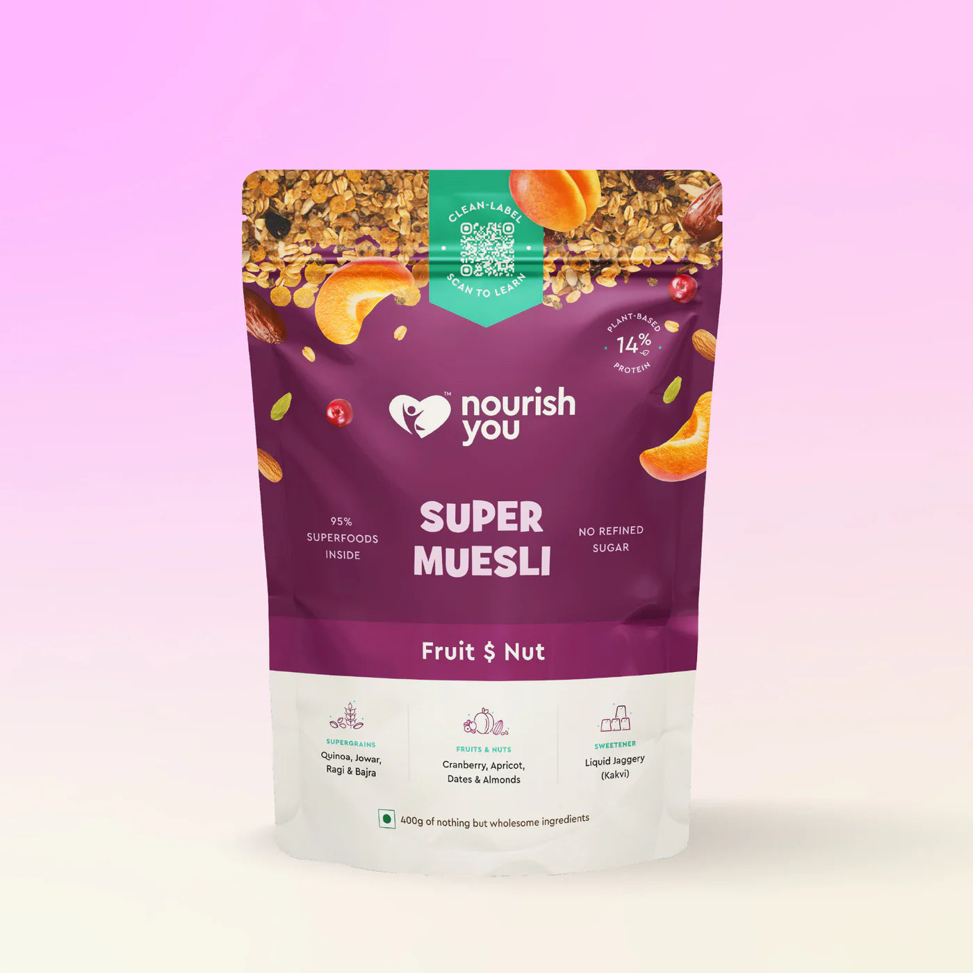 Muesli | Super muesli (Fruit & Nut ) – 14g Plant Based Protein - Supports Bone Health – Vegan - No Added Preservatives & No Refined Sugar – Nourish You– 400gm