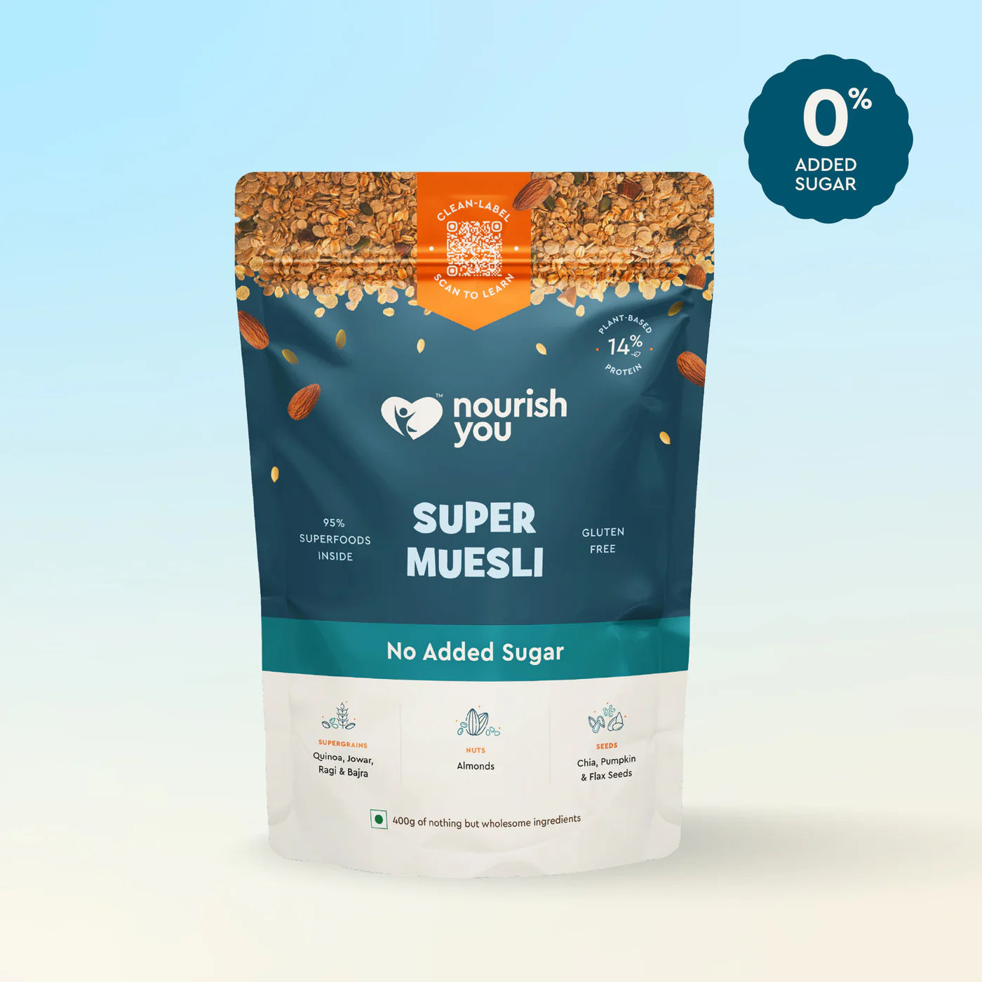 Muesli | Super muesli (No Added Sugar) –14g Plant Based Protein - Supports Bone Health –Gluten Free, Vegan - No Added Preservatives & No Refined Sugar – Nourish You– 400gm