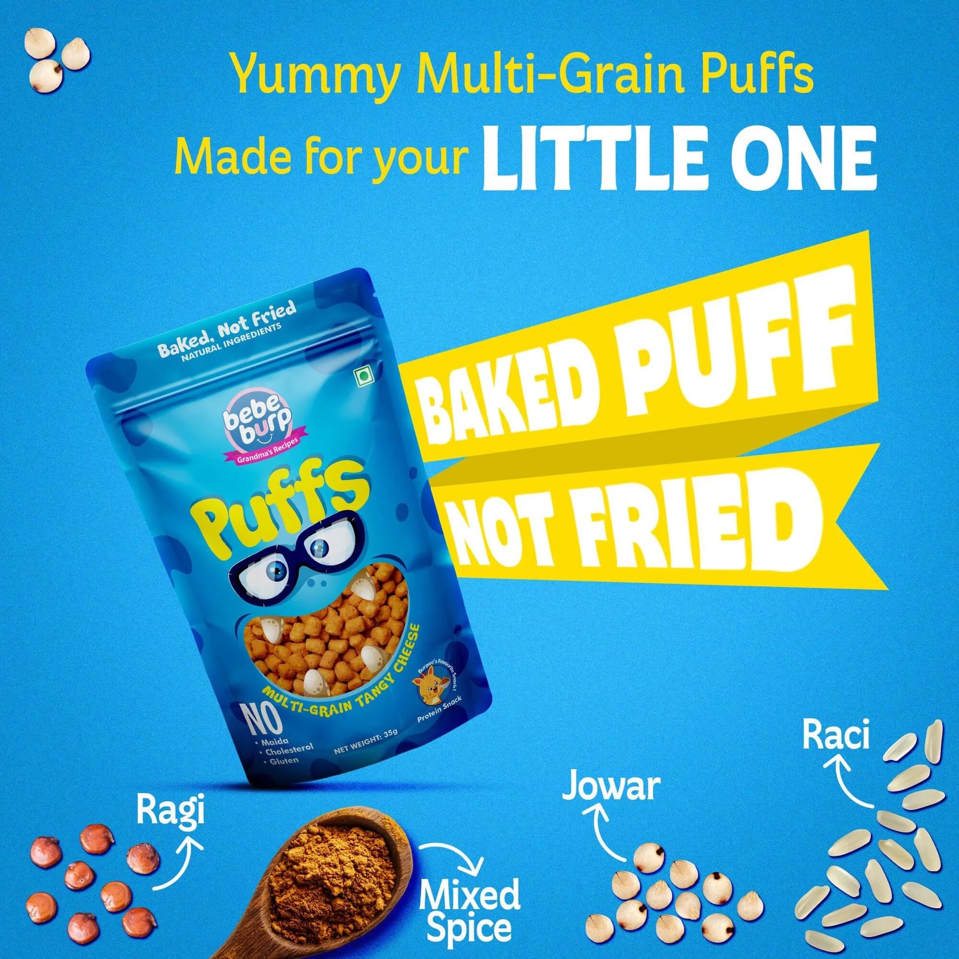 Puffs | Multigrain Tangy Cheese Puff ā Gluten Free, Cholesterol Free, No Added Preservatives & No Trans Fat ā Bebe Burp ā 35gm