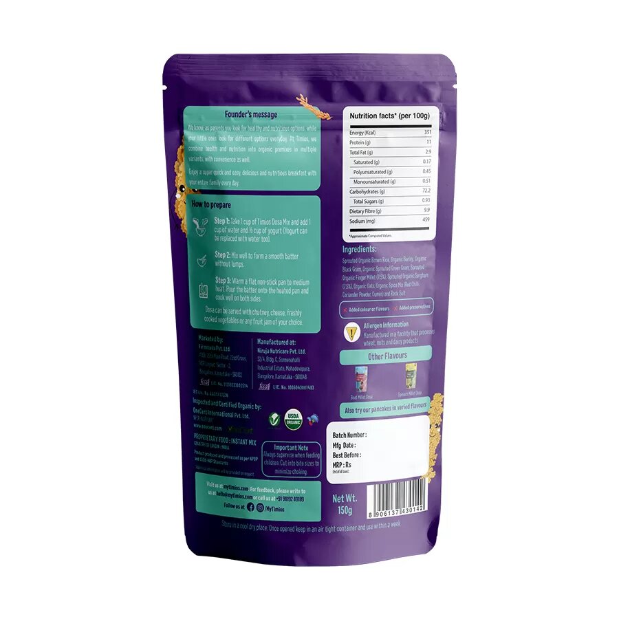 Millet Dosa | Multi Millet Dosa Mix – USDA Organic - Sprouted Nutrition - Timios – 150gm