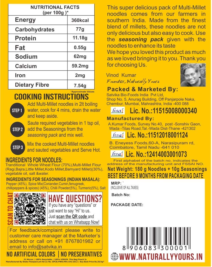 Multi-Millet Noodles (Made With Ragi, Bajra, Little Millet, Wheat, Kodo Millet & Barnyard Millet - High Protein, High Fiber, No Maida, No Junk, No Onion & No Garlic - Naturally Yours - 180gm