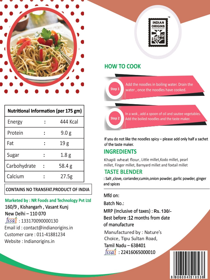 Multi Millet Noodles | ( Made With Ragi, Foxtail, Kodo, Barnyard, Little And Pearl, Combined With Emmer (Khapli) Wheat – No Maida & Not Fried – Indian Origins – 175gm