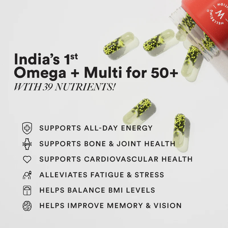 Multi + Omega 50+ | Slow – 39 Essential Nutrients With Heart, Cognition & Vision Matrix In Vegan Omega Oil - Support Bone And Joint Health - No Fillers, No Additives & Non GMO - Pure Nutrition – 60 Tablets