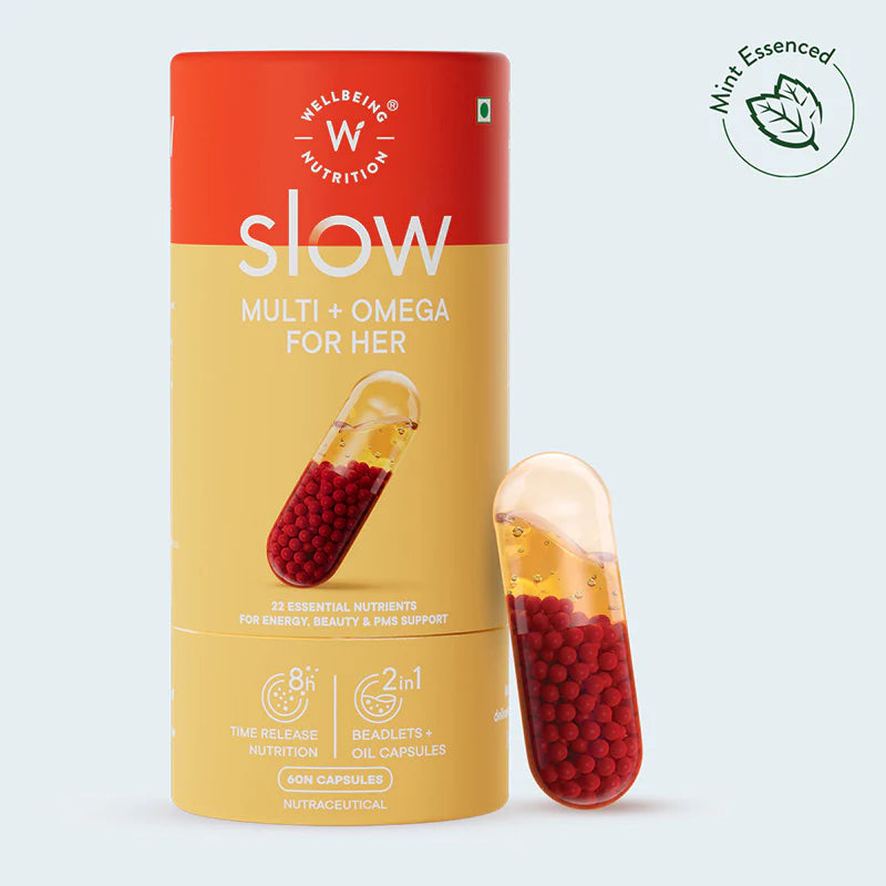 Multi + Omega For Her | Slow - Multi + Omega For Her - 22 Essential Nutrients For Energy, Beauty & PMS Support - No Wheat & Non GMO – Wellbeing Nutrition – 60 Capsules