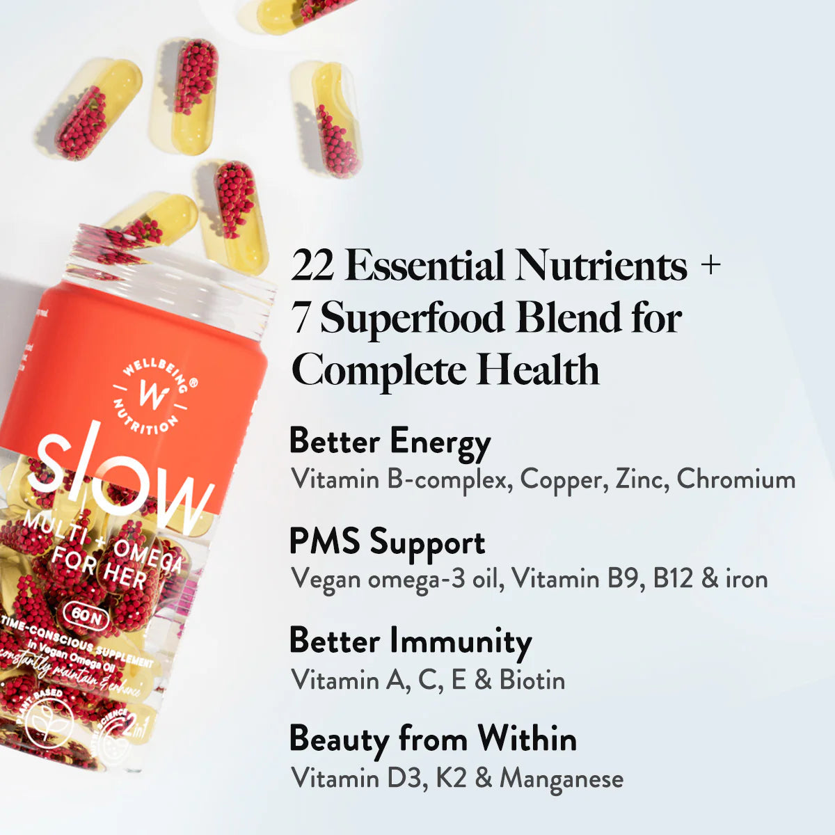 Multi + Omega For Her | Slow - Multi + Omega For Her - 22 Essential Nutrients For Energy, Beauty & PMS Support - No Wheat & Non GMO – Wellbeing Nutrition – 60 Capsules