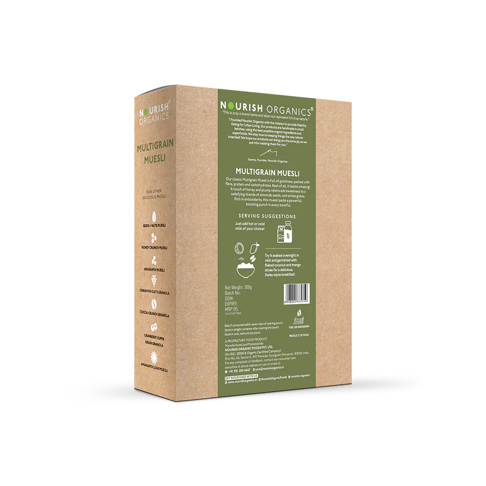 Multigrain Muesli - No Added Sugar, High Protein, Rich In Fiber, Low Calorie, Lactose Free & Fat Free - Nourish Organics - 300gm