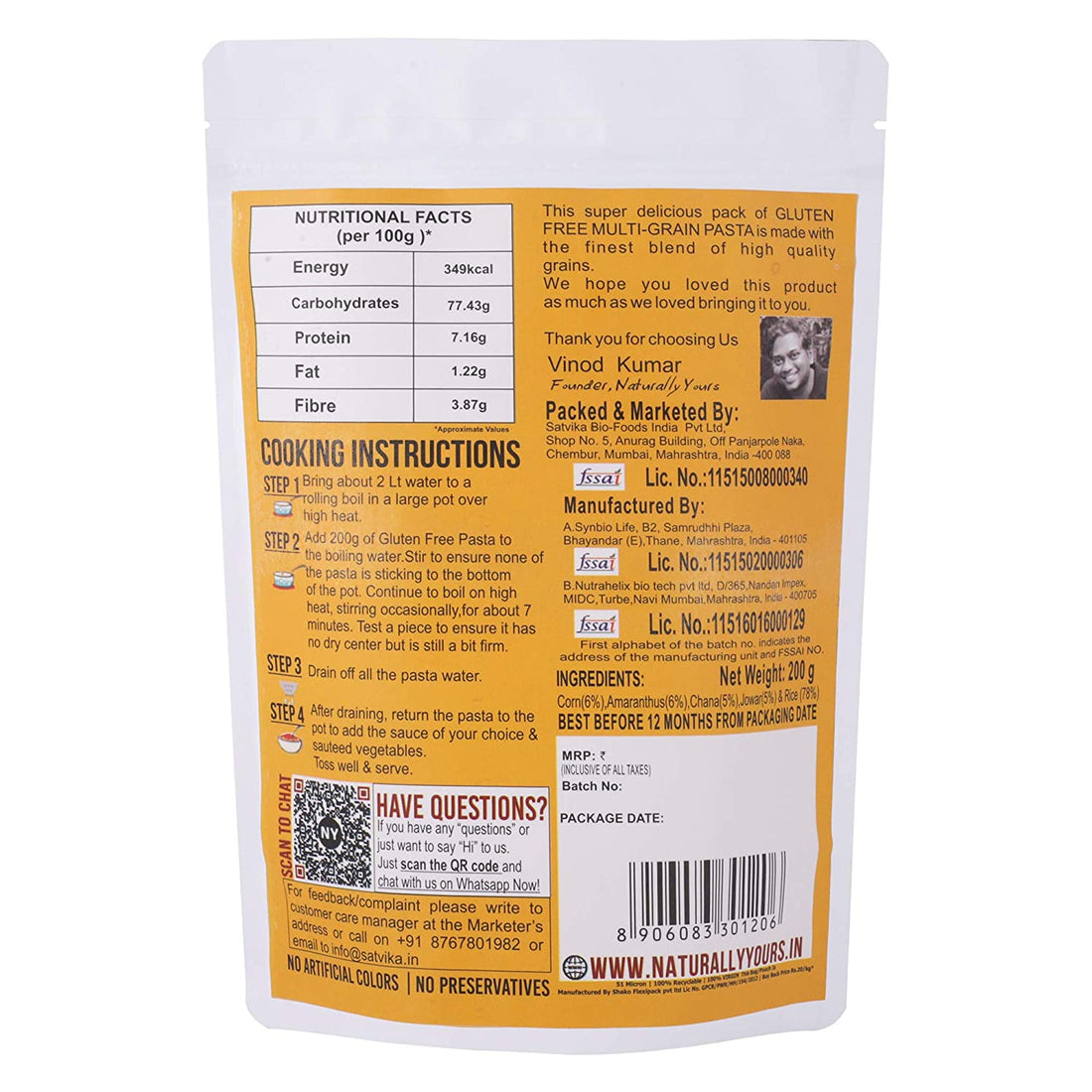 Multigrain Pasta - Gluten Free, High Protein & High Fiber - Naturally Yours - 200gm