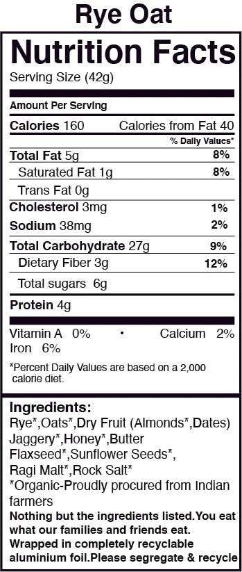 Bar | Rye Oat - Granola Bar (With Certified Organic Oats & Almonds) - Vegan, Gluten Free & No Added Additives - The Huda Bar - 45gm