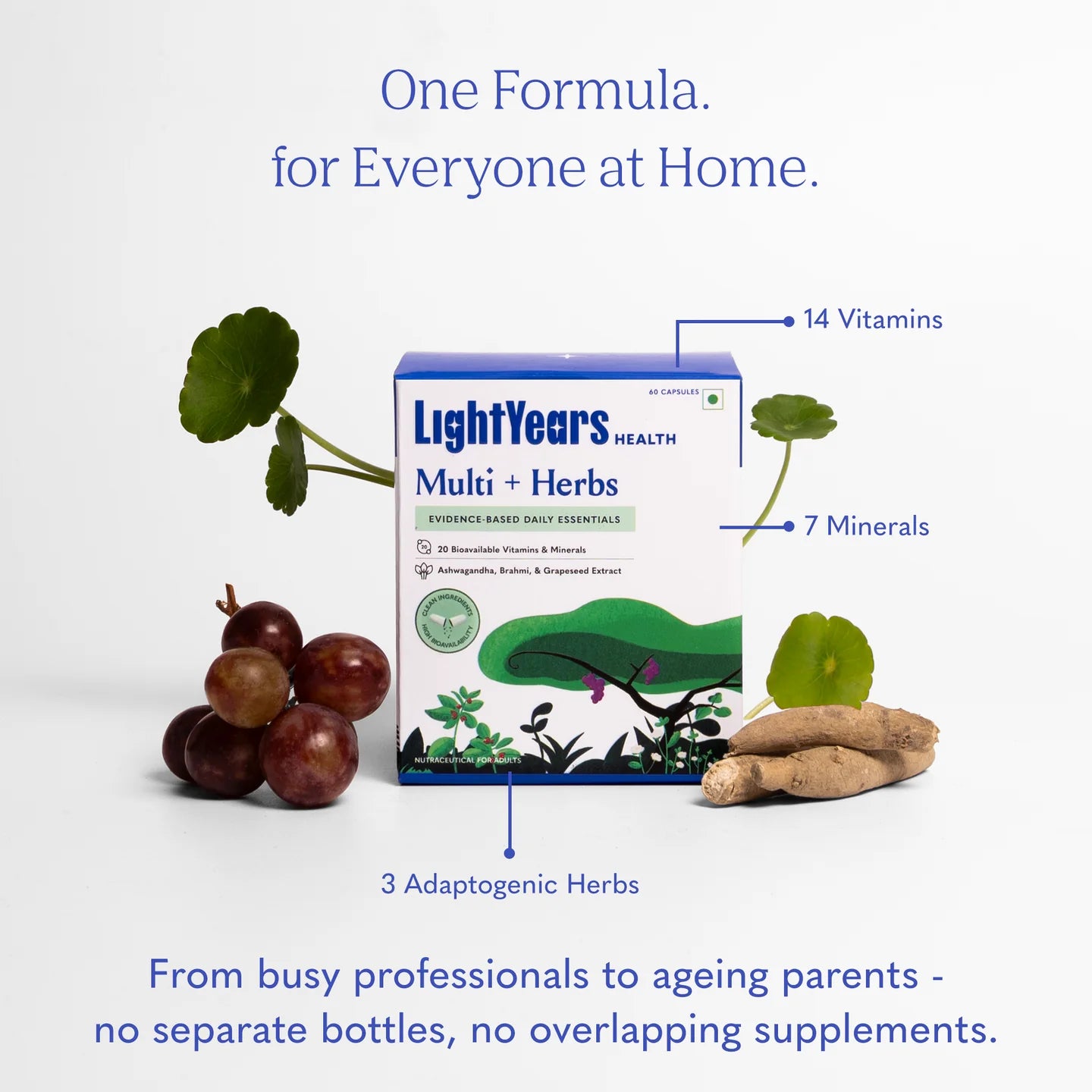Multi + Herbs | Evidence-Based Daily Essentials-Boosts Energy, Supports Immunity, Strengthens Bones & Joints-Vegan - Clinically Proven Ingredients-Zero Gram Sugar, No Artificial Sweeteners -Light Years Health - 20 Capsules