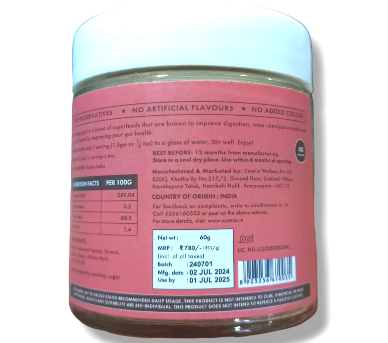My Happy Gut | Bloating - Indigestion - Overall Gut Health - Natural Plant Based Supplement – No Added Artificial Flavors & No Added Colour – Cosmix – 60gm