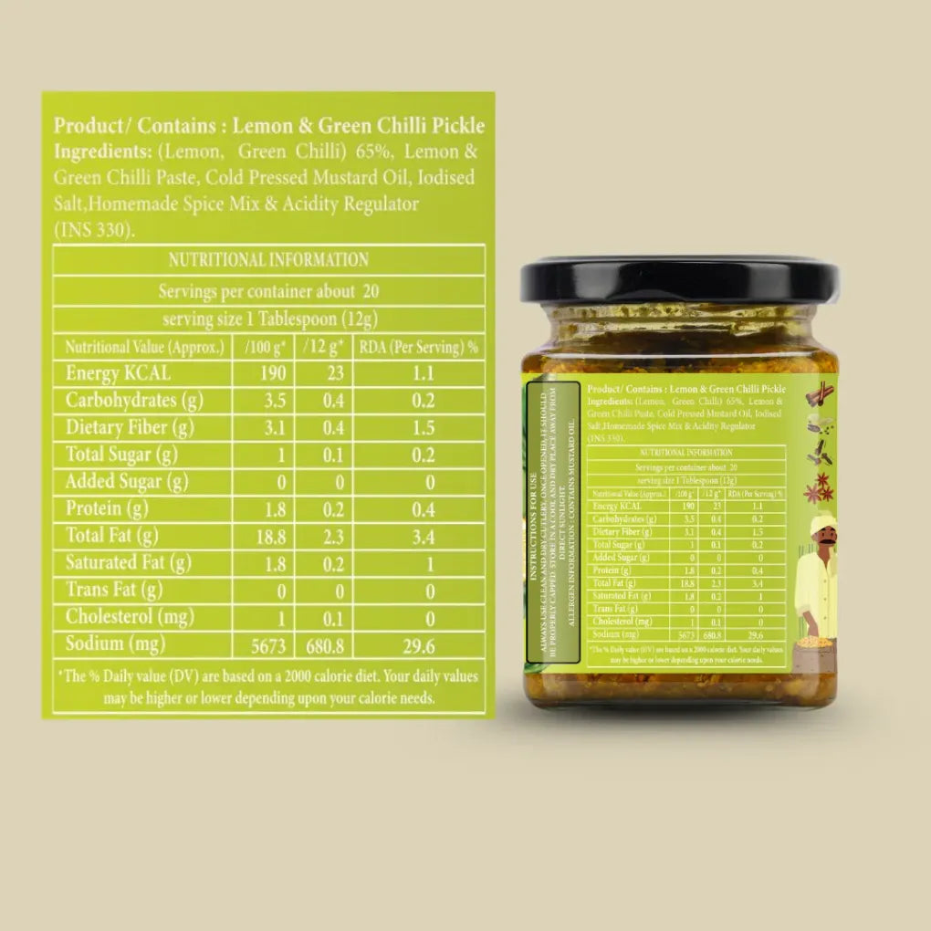 Pickle | Nimbu Mirch Twist (Lemon Chilli Pickle) - 100% Homemade - No Added Preservatives - Organic Nation - 250gm