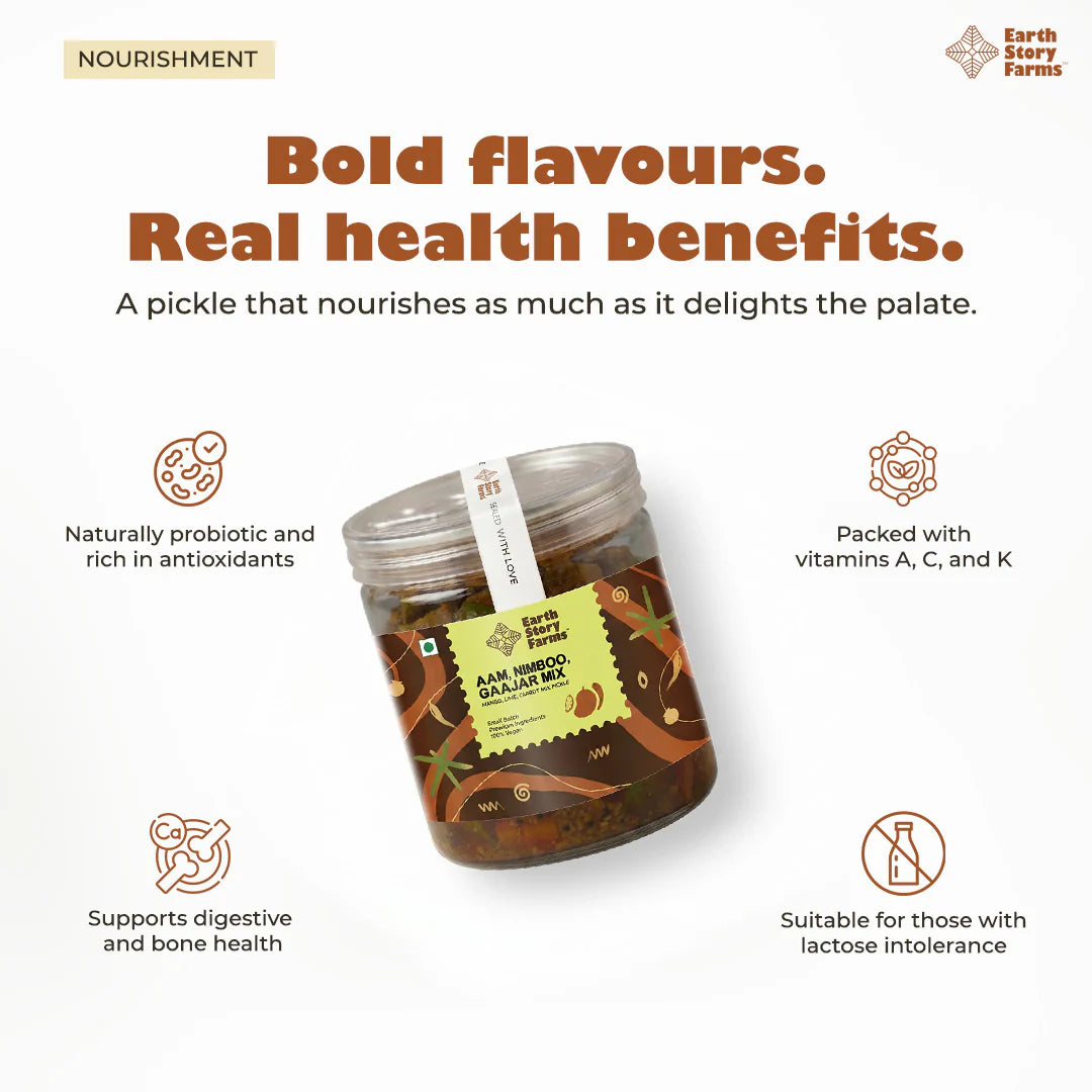 Pickle | Aam, Nimboo, Gaajar Mixed Pickle- 100% Vegan - Preservative Free - Earth Story Farms- 200gm