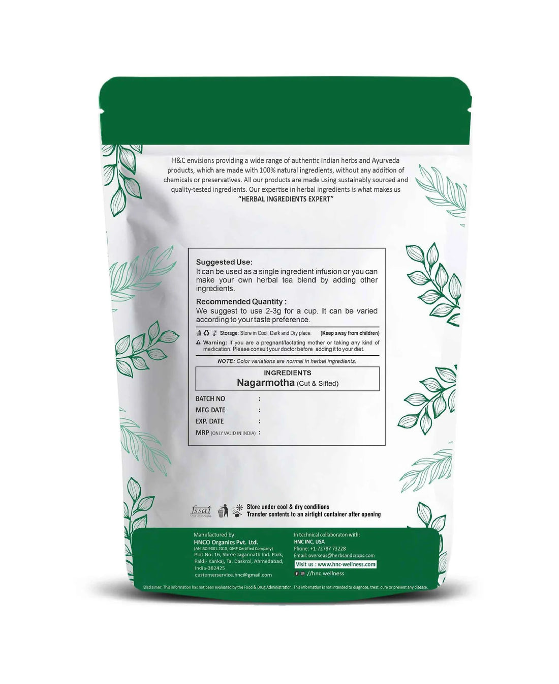 Natural Nagarmotha Leaves (Cut & Sifted) - 100% Natural- Ayurvedic- Digestive & Skin Wellness - H&C - 100gm