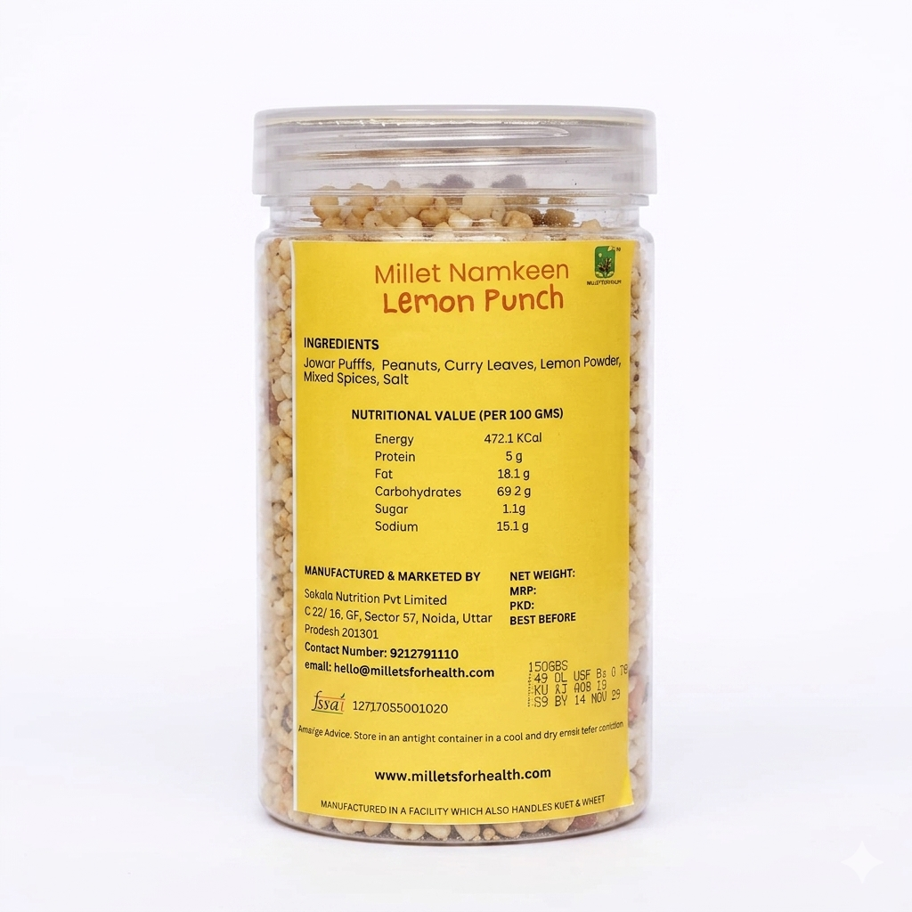 Namkeen | Millet Namkeen (Lemon Punch) - 70% Millet - Roasted Superfood - 100% Natural - 70% Millet - Gluten Free & No Added Preservatives - Millet For Health - 150gm