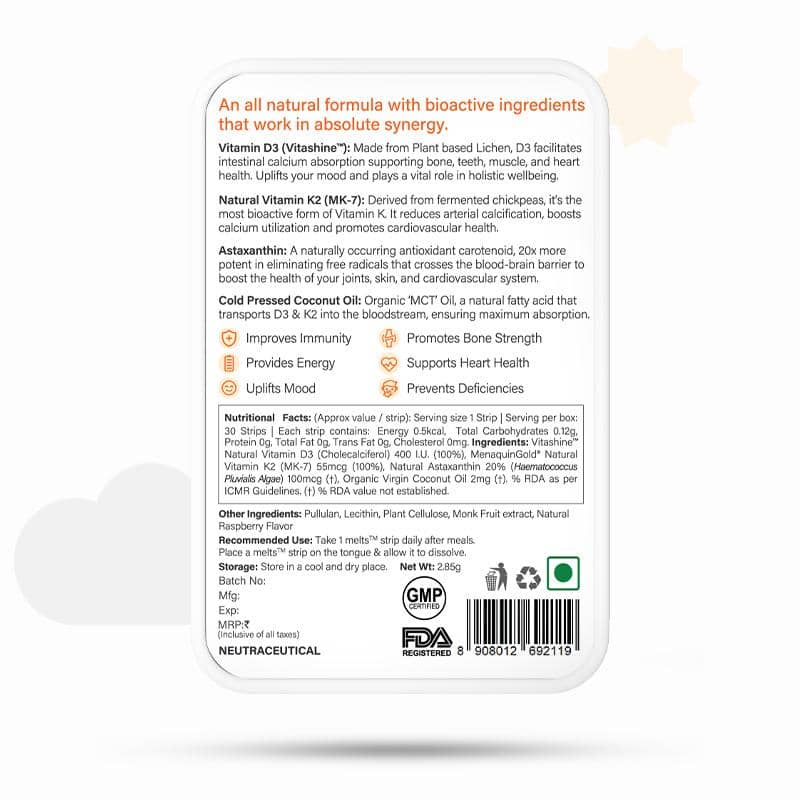 Natural Vitamin D3 + K2 - Melts - Vegan & Sugar Free - Wellbeing Nutrition - 30 Strips