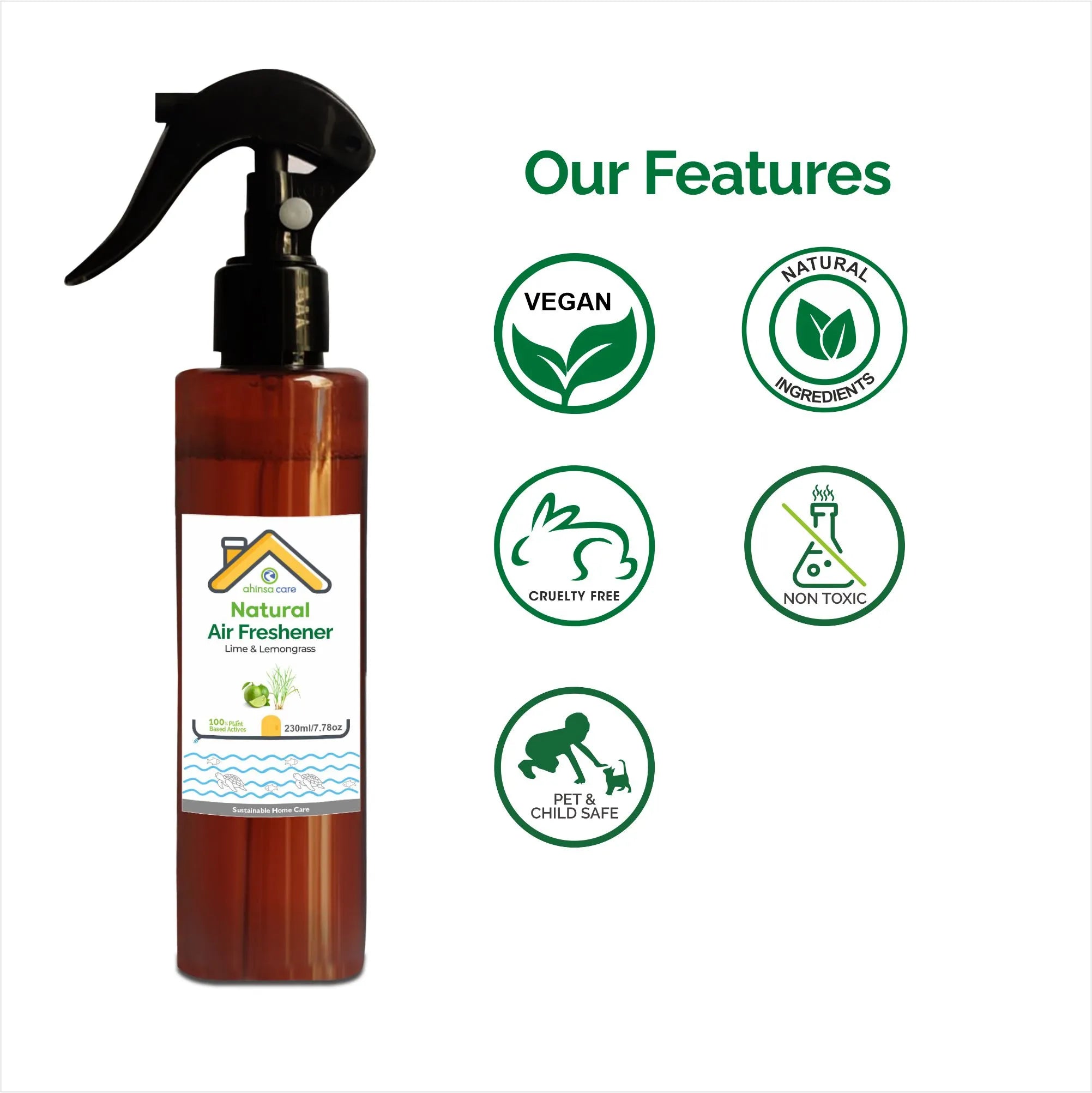 Air Freshner | Natural Air Freshner Lime Lemongrass - No Artificial Ingredients & Parabens Free - Ahinsa Care - 230ml