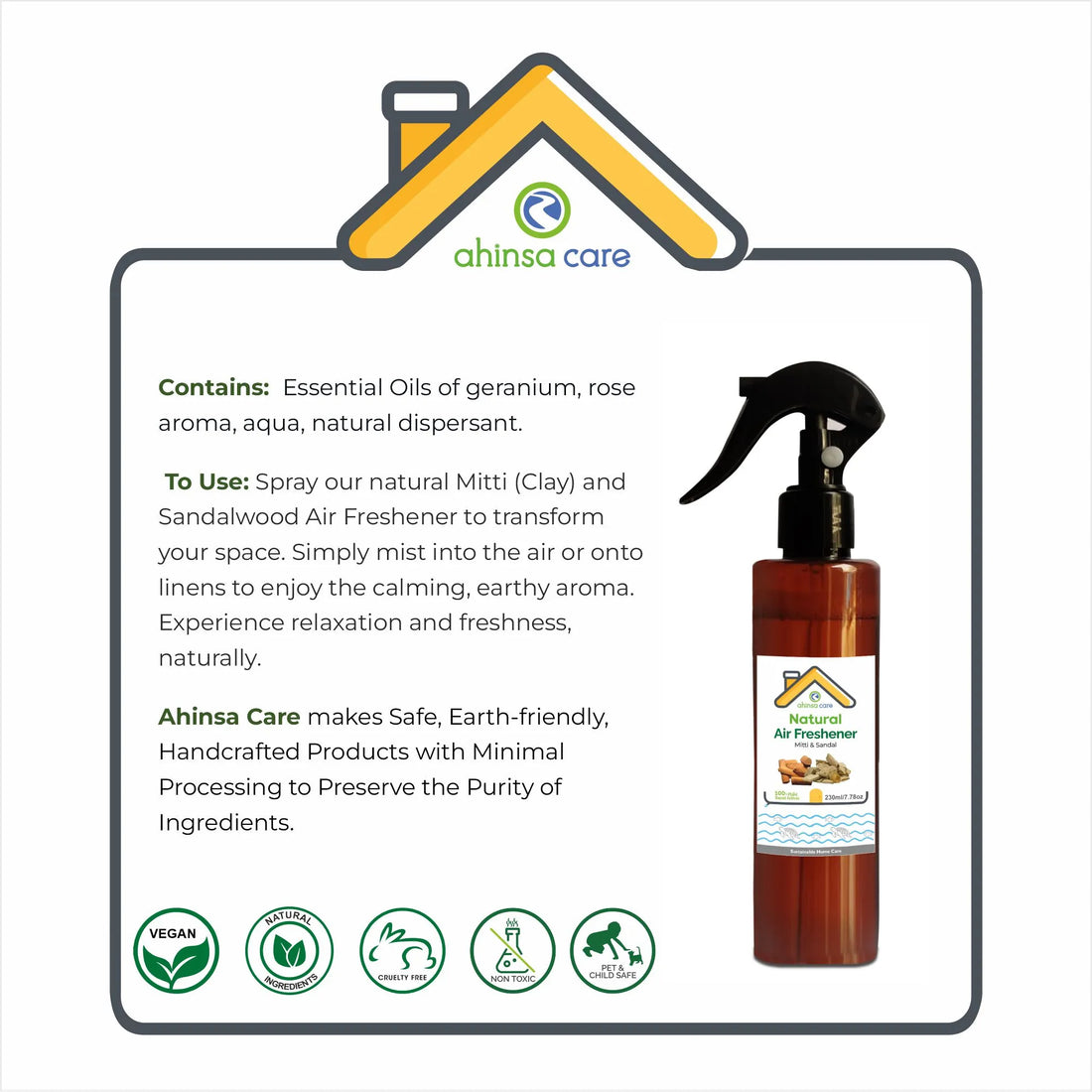 Air Freshner | Natural Air Freshner Mitti & Sandal - No Artificial Ingredients & Parabens Free - Ahinsa Care - 230ml