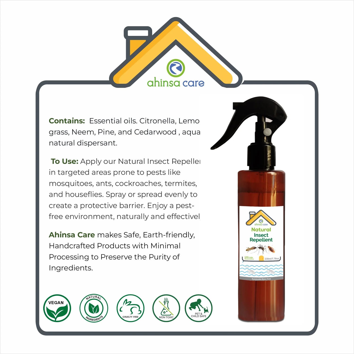 Repellant | Natural Insect Repellant - 100% Plant Based Active Ingredients - Vgean, Cruelty Free, No Artificial Ingredients, Formaldehyde, Aerosols & No Parabens - Ahinsa Care - 200ml