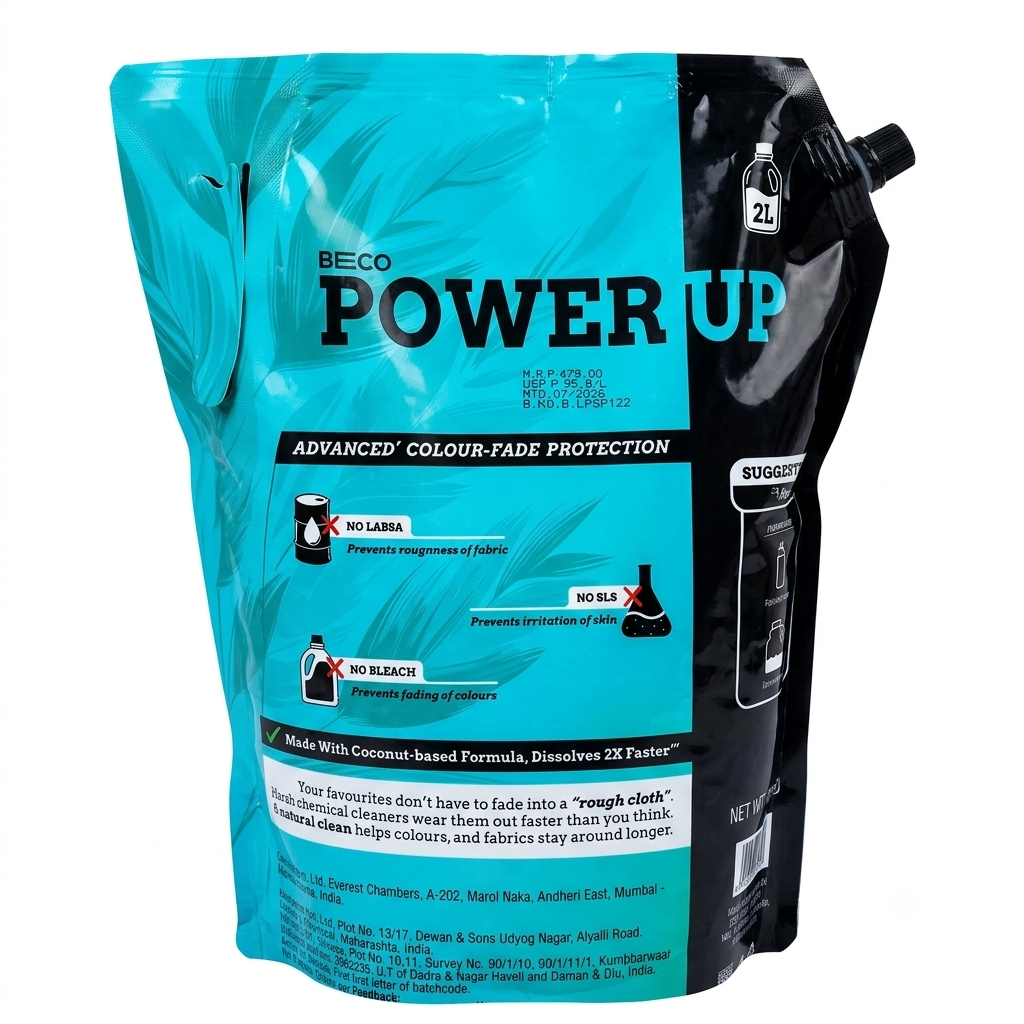 Liquid Detergent | Natural Laundry Liquid -Power Up -Advanced Colour Fade Protection-Made With Coconut Based Formula-No Labsa, Bleach – Beco – 5000ml
