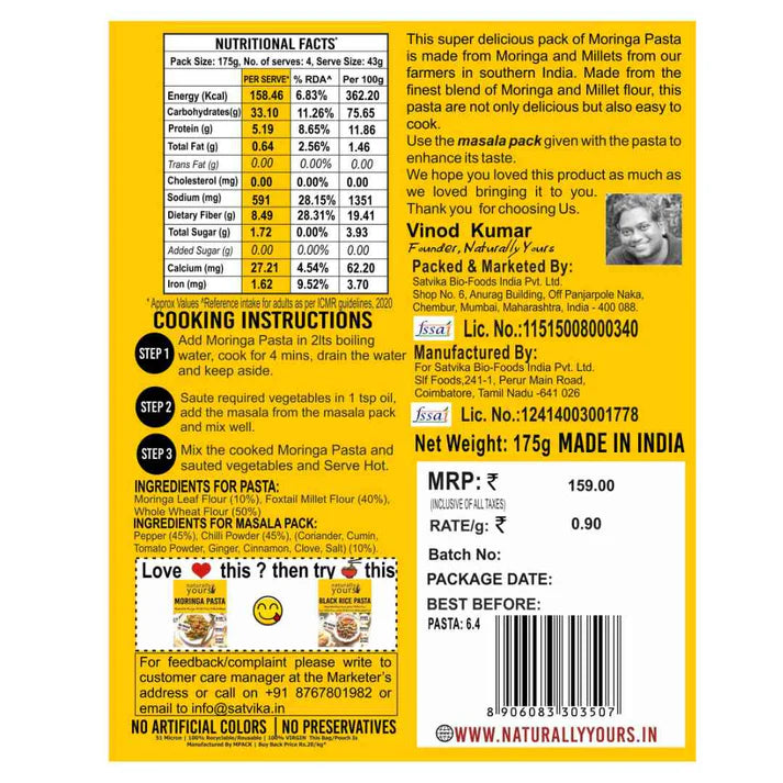 Pasta | Moringa Pasta (Made With Moringa Millet Flour & Whole Wheat) - 100% Jain - No Onion, Garlic, No Maida & No Artificial Colors Or Preservatives Free - Naturally Yours - 175gm