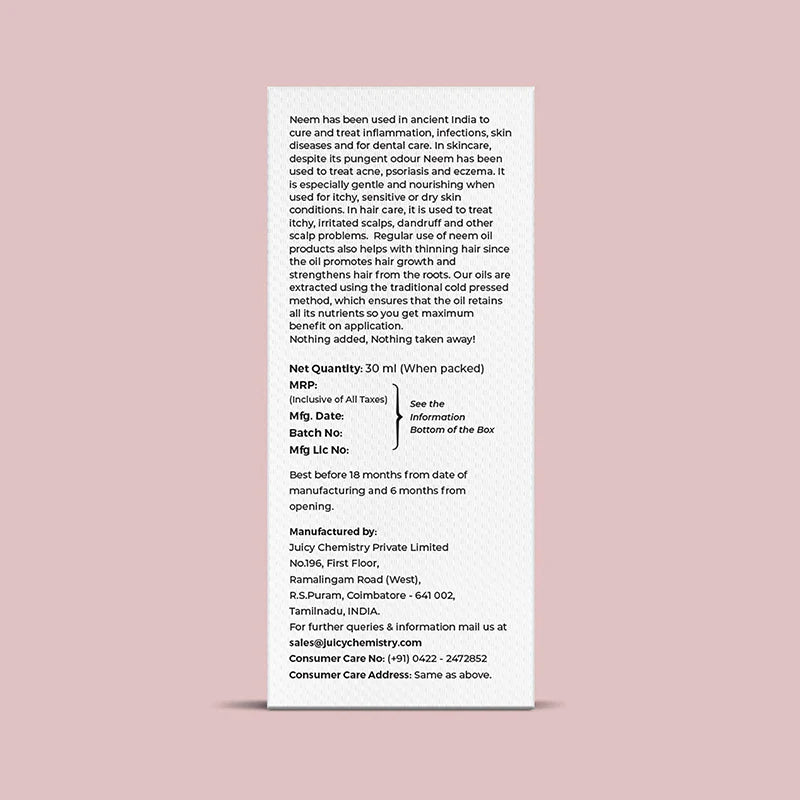 Neem Oil | Suitable For Acne Prone Skin - Cosmos Organic - Cold Pressed - Vegan, Cruelty Free &  No Synthetic Fragrances - Juicy Chemistry - 30ml