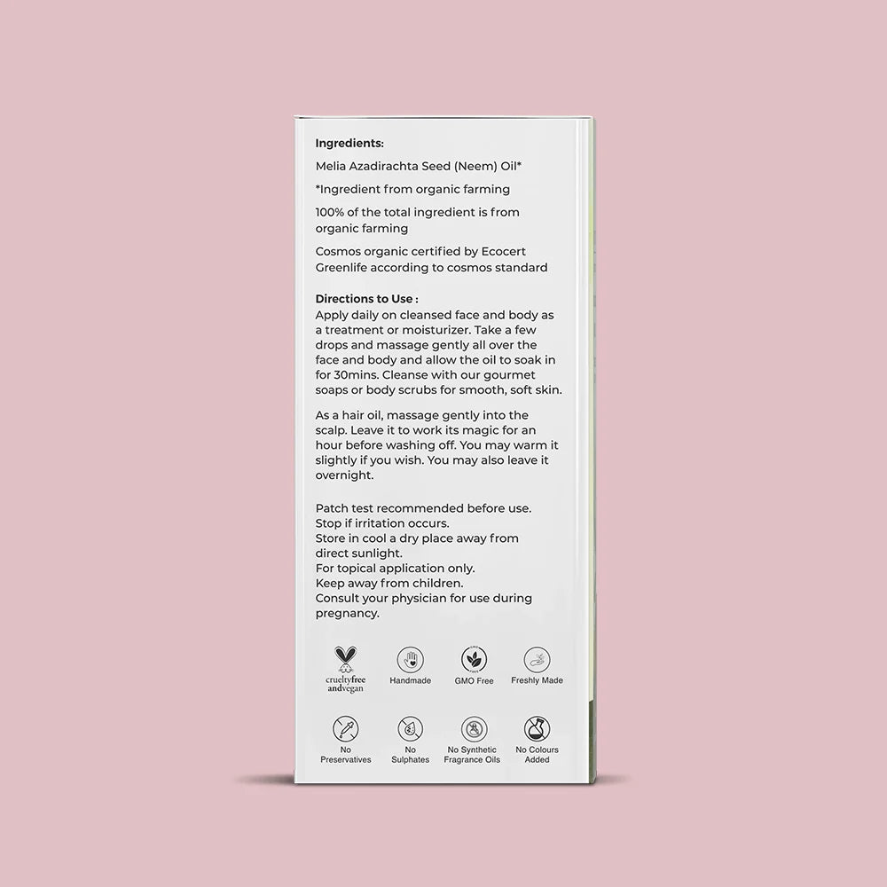 Neem Oil | Suitable For Acne Prone Skin - Cosmos Organic - Cold Pressed - Vegan, Cruelty Free &  No Synthetic Fragrances - Juicy Chemistry - 30ml