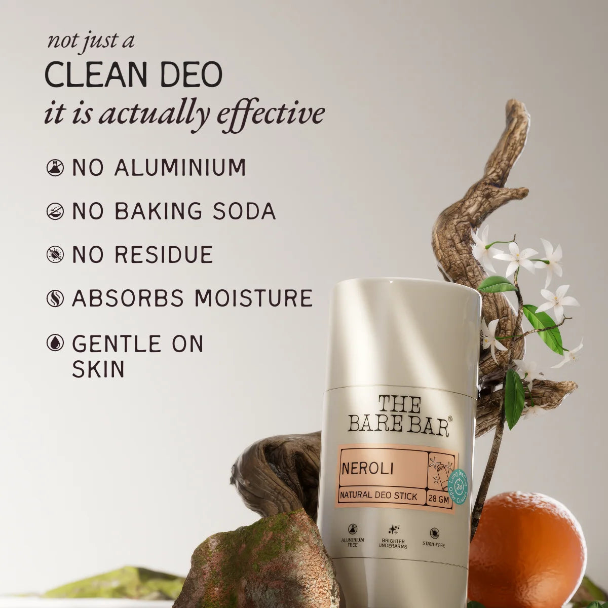 Deodorant | Neroli Deodorant (Deo Stick) – Vegan, No Artificial Fragrances, Parabens Free & No Added Preservatives – The Bare Bar – 75gm
