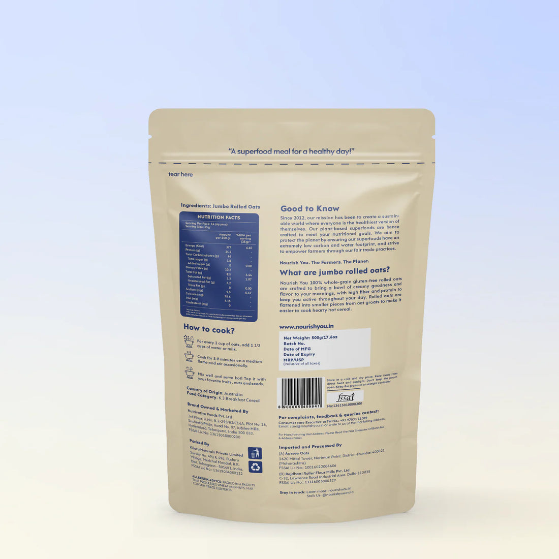 Oats | Jumbo rolled oats - High In Fiber And Protein - Vegan & Gluten Free - Nourish You - 500gm