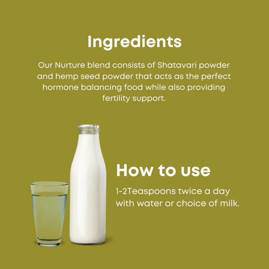 Nurture | Shatavari & Hemp Blend - Edible Powder Mix - For Hormonal Balance - Natural - Vegan, Gluten Free, Soy Free & No Additives - Health Horizon - 120gm