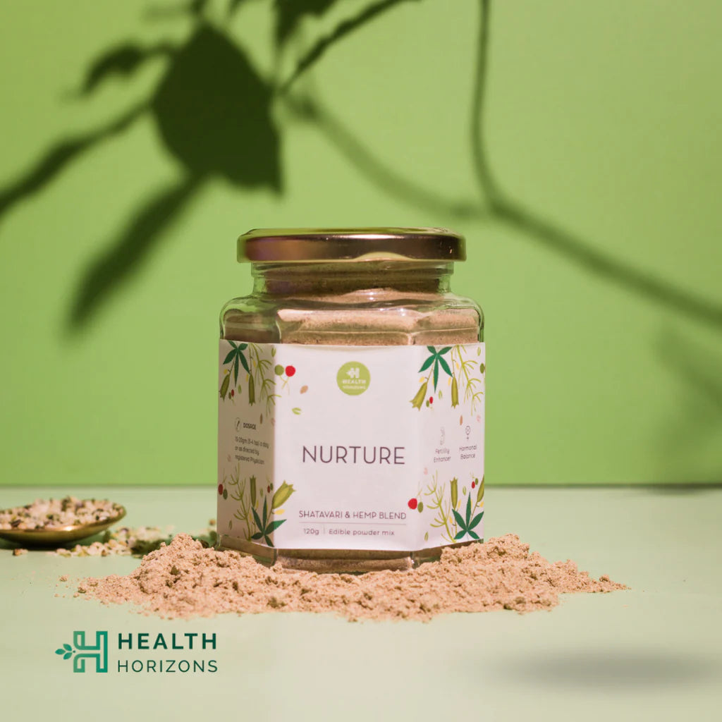 Nurture | Shatavari & Hemp Blend - Edible Powder Mix - For Hormonal Balance - Natural - Vegan, Gluten Free, Soy Free & No Additives - Health Horizon - 120gm