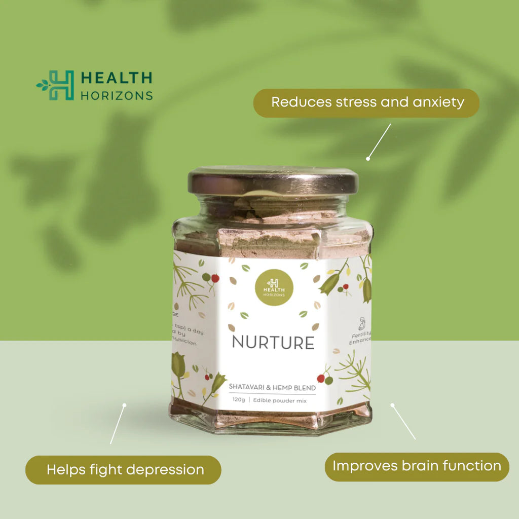 Nurture | Shatavari & Hemp Blend - Edible Powder Mix - For Hormonal Balance - Natural - Vegan, Gluten Free, Soy Free & No Additives - Health Horizon - 120gm
