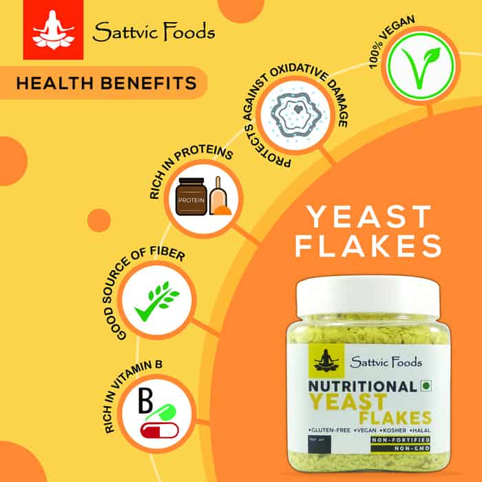 Nutritional Yeast Flakes - Natural - Indian - Vegan, Gluten Free, Rich In Protein, Rich In Fiber, Rich In Vitamin B, Non Fortified, Non GMO, Kosher & Halal - Sattvic Food - 60gm