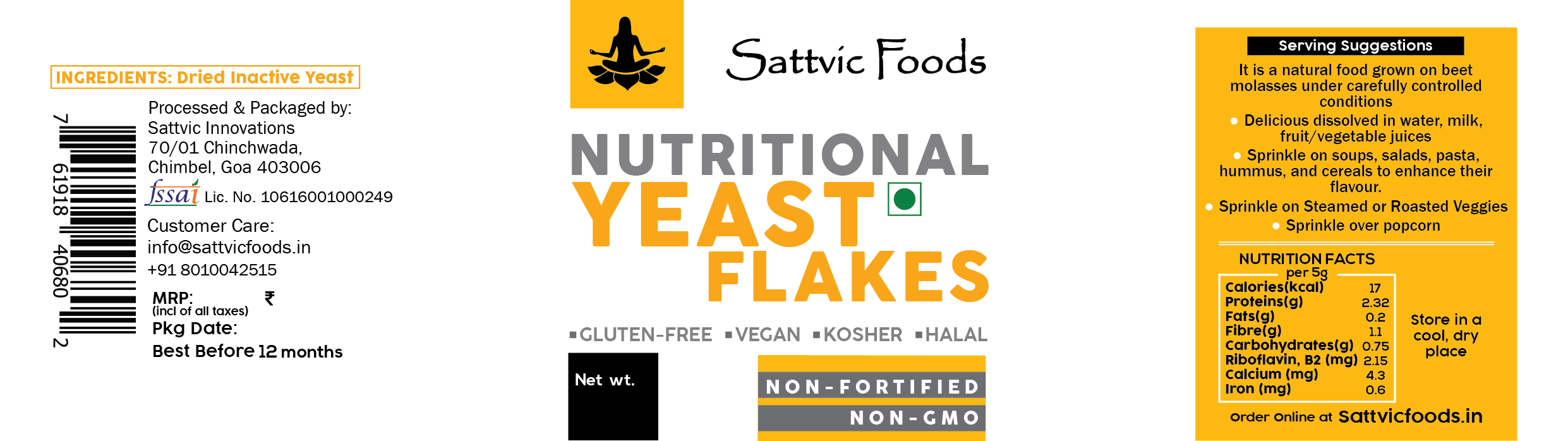 Nutritional Yeast Flakes - Natural - Indian - Vegan, Gluten Free, Rich In Protein, Rich In Fiber, Rich In Vitamin B, Non Fortified, Non GMO, Kosher & Halal - Sattvic Food - 60gm