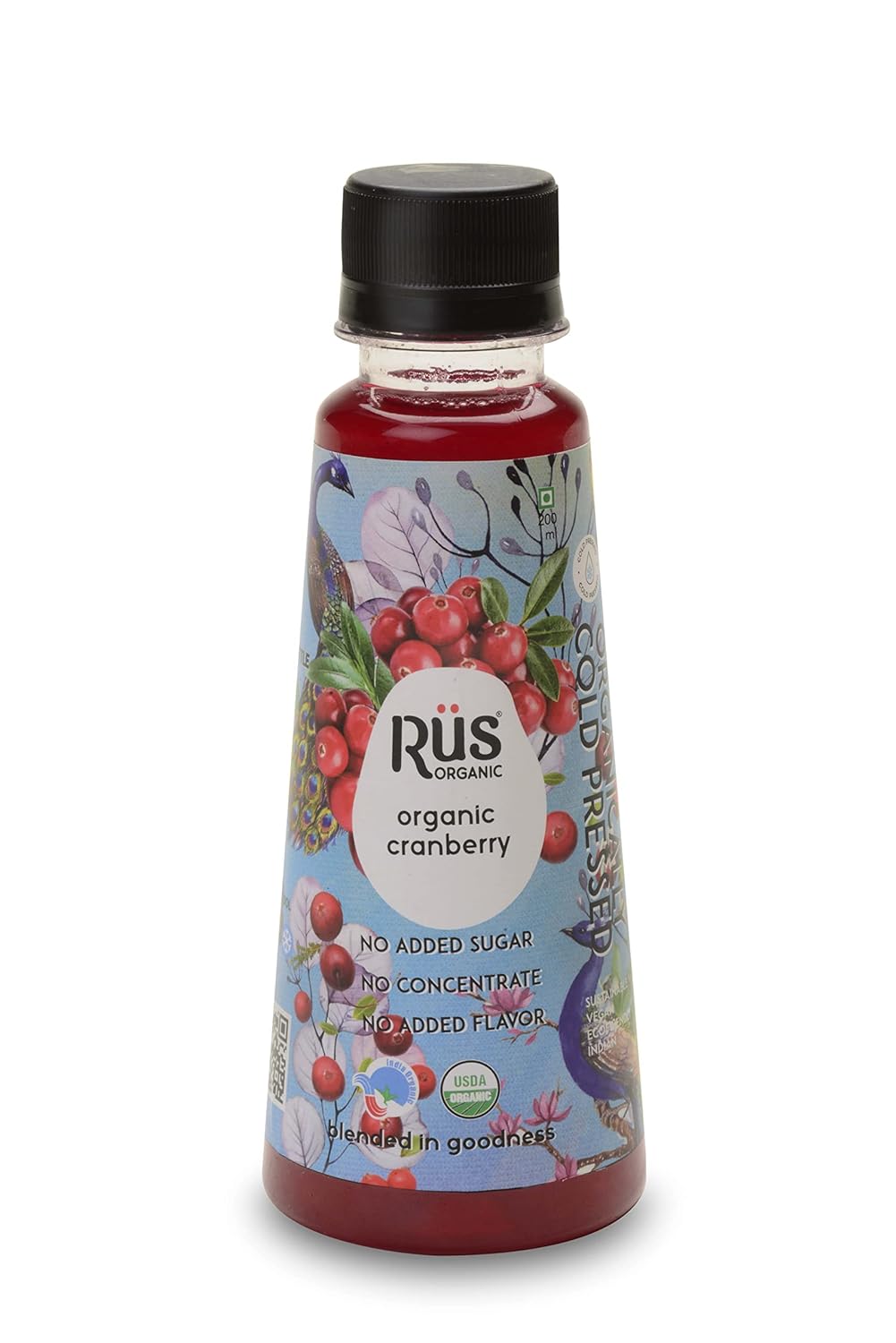 Cranberry Juice – Cold Pressed – USDA Organic - Vegan, Eco Friendly, No Added Sugar, No Concentrate Or No Flavour – Rus Organic – 200ml