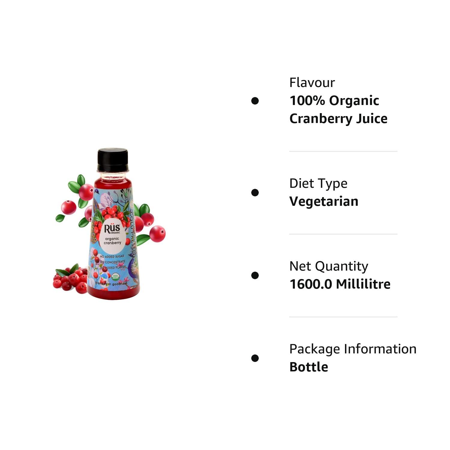 Cranberry Juice – Cold Pressed – USDA Organic - Vegan, Eco Friendly, No Added Sugar, No Concentrate Or No Flavour – Rus Organic – 200ml