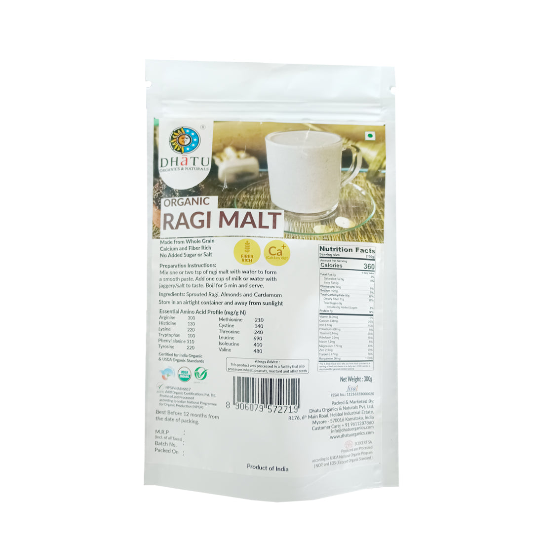 Ragi Malt - USDA Organic - No Added Sugar, No Added Salt & Rich In Fiber - Dhatu Organic - 300gm