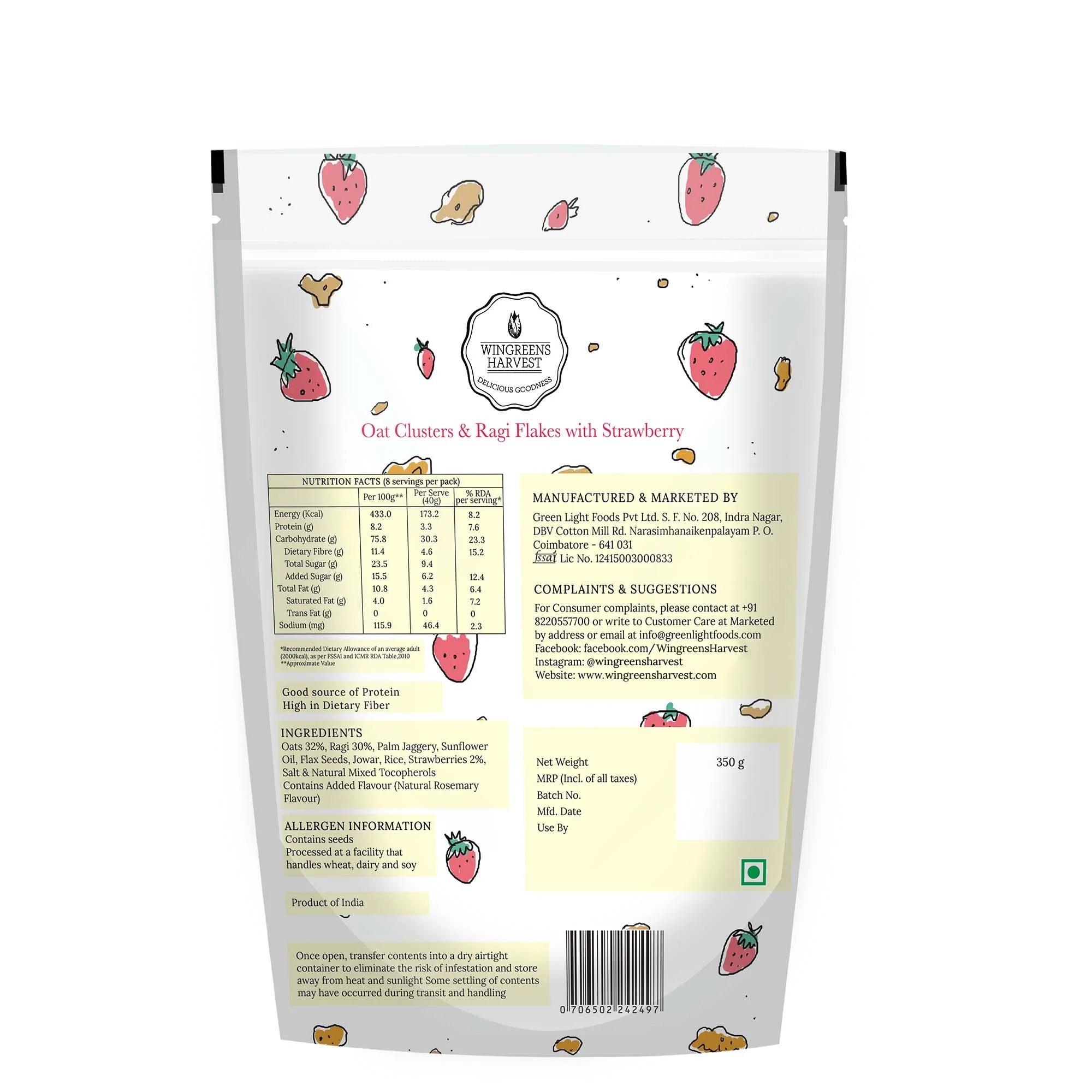 Oat Clusters & Ragi Flakes With Strawberry - Wingreens Harvest - 350gm