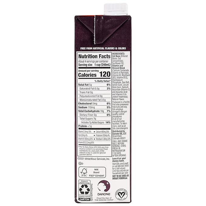 Oats Milk | Original - Smooth & Creamy – Vegan, Gluten Free, Dairy Free, No Added Artificial Flavors & No Added Colors - Silk – 946ml