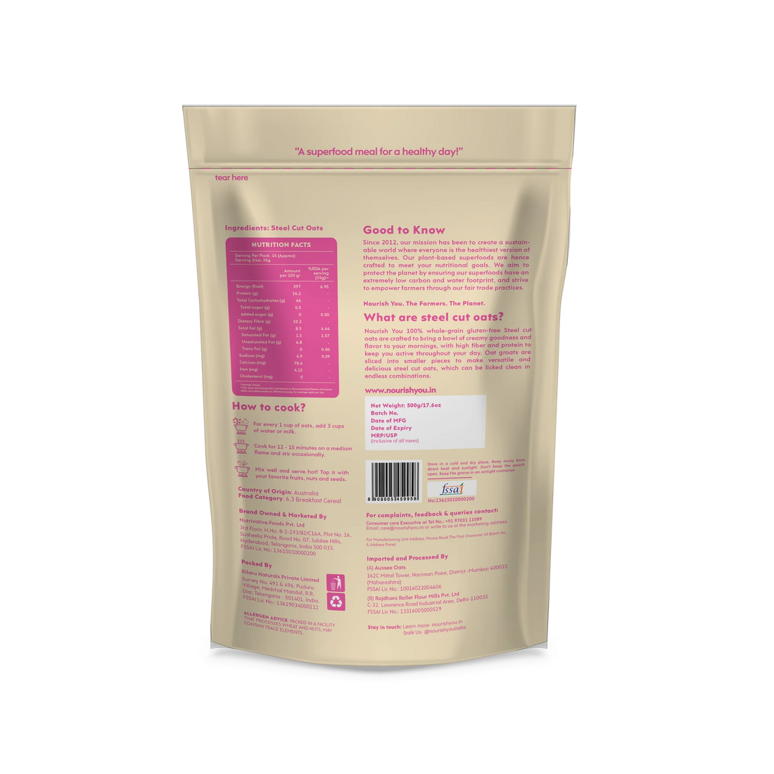 Oats | Steel Cut - 100% Wholegrains - Natural - Gluten Free, Soy Free, Non Gmo, High In Protein, Rich In Fibre, No Added Sugar & Preservatives - Nourish You - 500gm